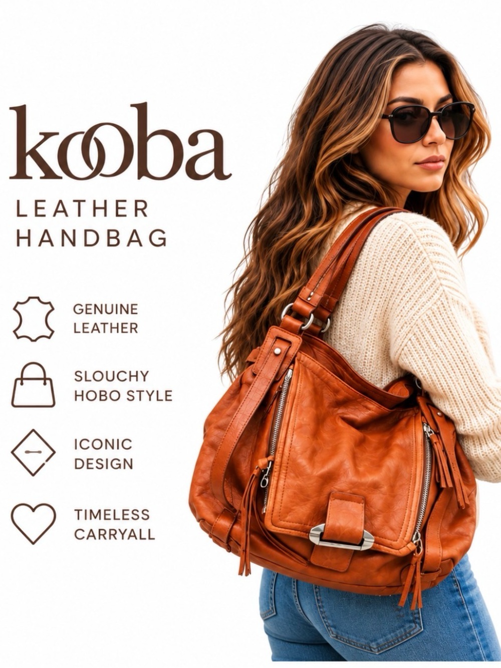 Kooba Jonnie Leather Hobo Bag in Cognac Brown Y2K